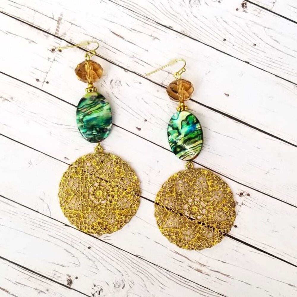 Artisan Earrings. Gold Filigree Medallion. Champagne Pave Crystal. Abalone. - Picture 6 of 6